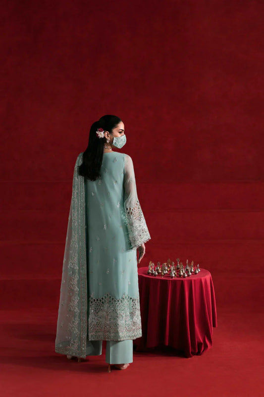 Blue Embroidered Chiffon 3 Piece Suit with Chiffon Dupatta