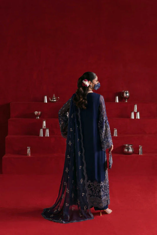 Navy Embroidered Chiffon 3 Piece Suit with Chiffon Dupatta
