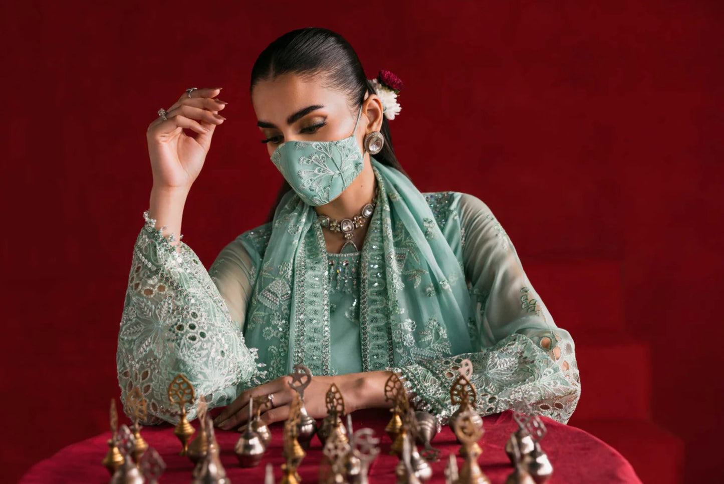Blue Embroidered Chiffon 3 Piece Suit with Chiffon Dupatta