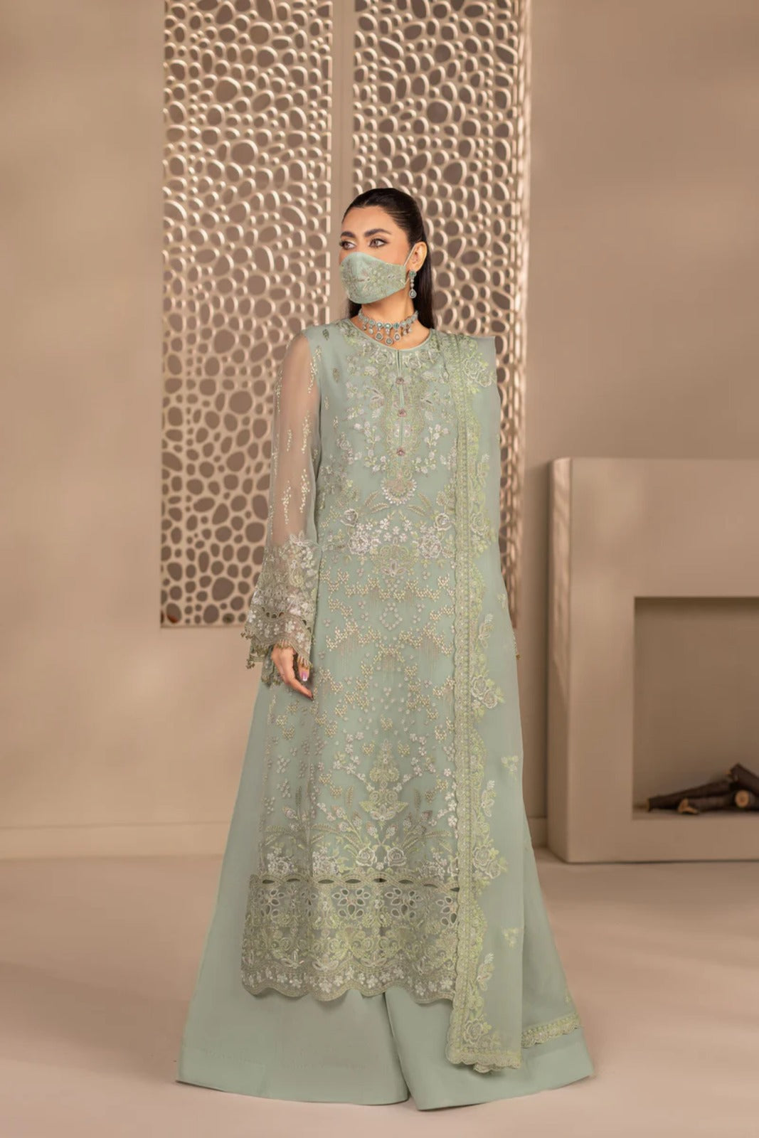 Green Embroidered Chiffon 3 Piece Suit with Chiffon Dupatta