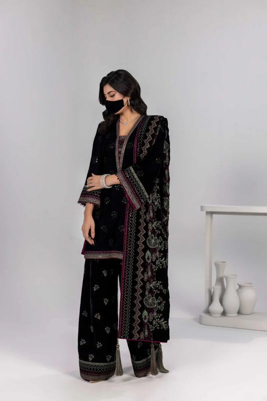 Black Embroidered Velvet 3 Piece Suit with Velvet Shawl