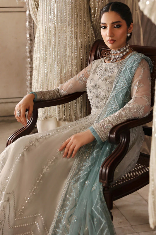 Beige Embroidered Organza 3 Piece Suit with Contrast Net Dupatta