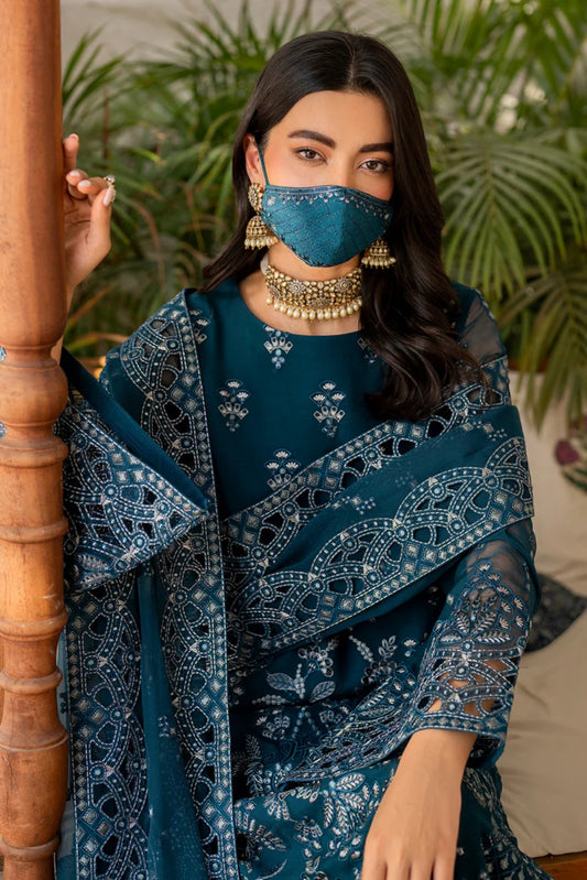 Blue Embroidered Chiffon 3 Piece Suit with Chiffon Dupatta