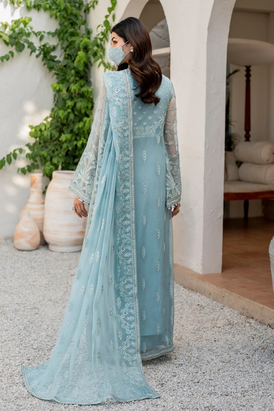 Blue Embroidered Chiffon 3 Piece Suit with Chiffon Dupatta