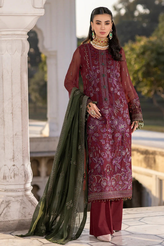 Red Embroidered Chiffon 3 Piece Suit with Contrast Chiffon Dupatta