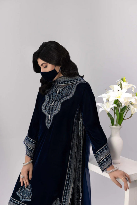 Navy Embroidered Velvet 3 Piece Suit with Chiffon Dupatta