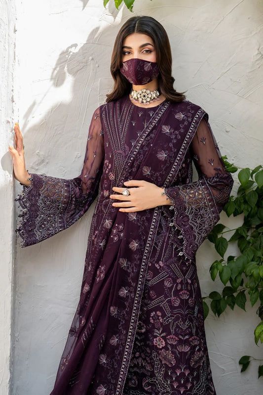 Purple Embroidered Chiffon 3 Piece Suit with Chiffon Dupatta