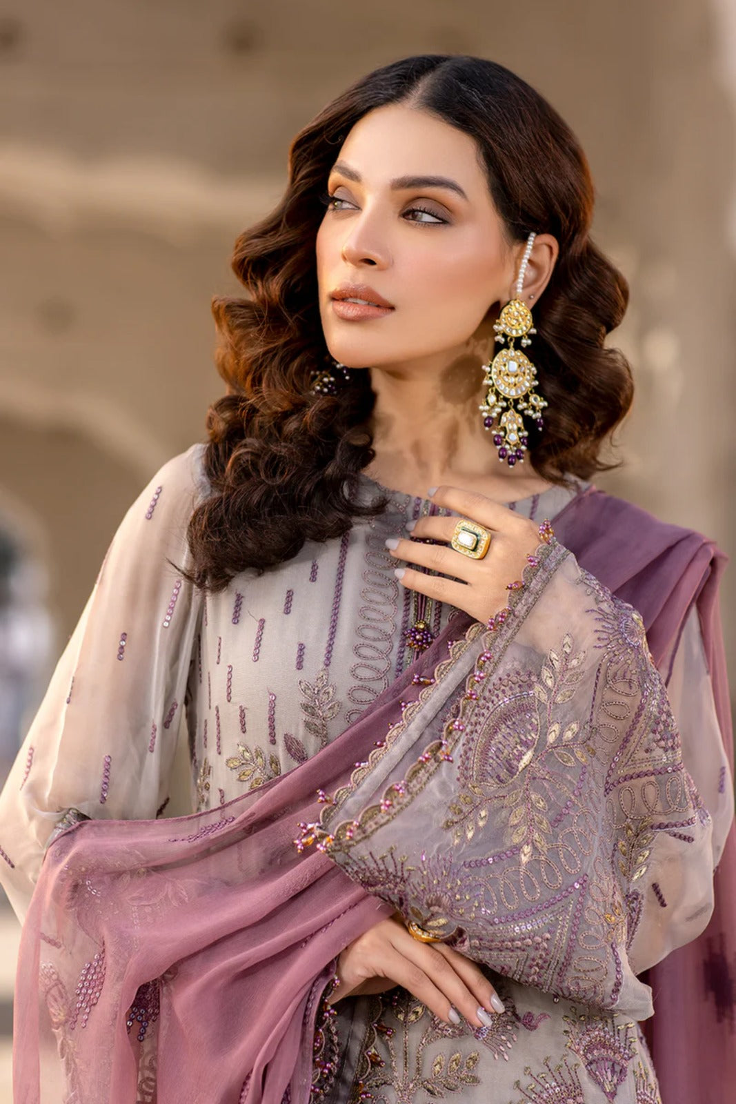 Purple Embroidered Chiffon 3 Piece Suit with Contrast Chiffon Dupatta