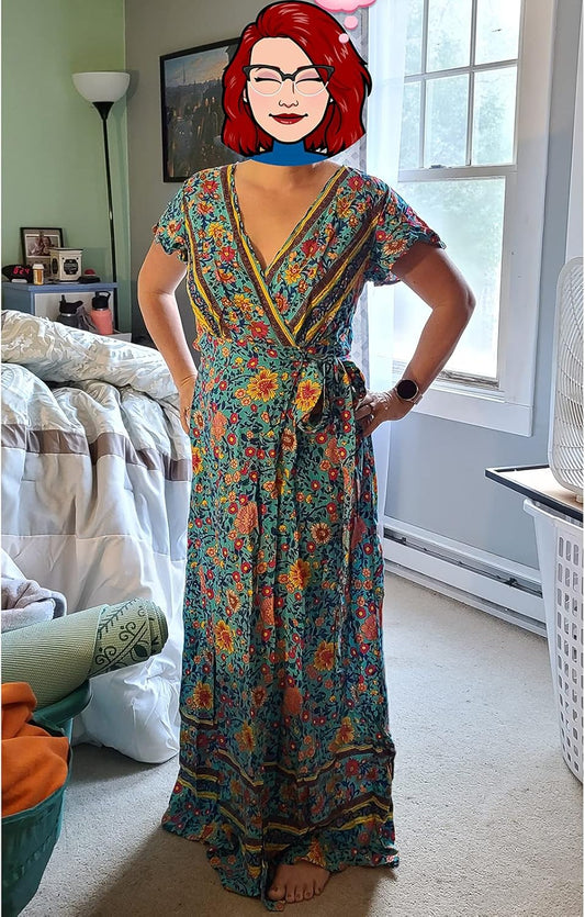 Womens Boho Wrap Dresses: Women Summer Maxi Midi Beach Bohemian Floral Dress Short Sleeve V-Neck Casual Size S-XL