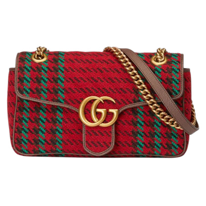 Gucci GG Marmont Matelasse Shoulder Bag Houndstooth Red and Green wool