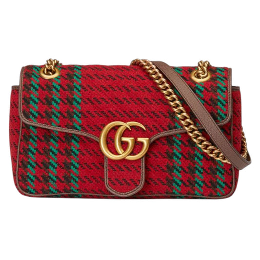 Gucci GG Marmont Matelasse Shoulder Bag Houndstooth Red and Green wool