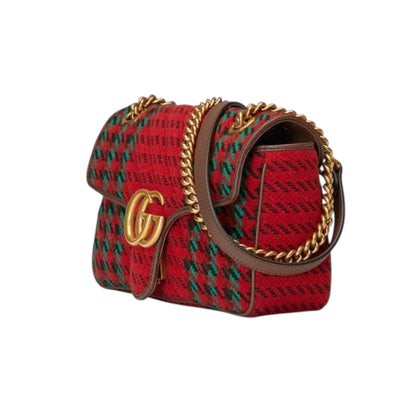 Gucci GG Marmont Matelasse Shoulder Bag Houndstooth Red and Green wool