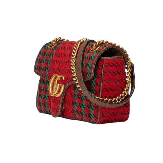 Gucci GG Marmont Matelasse Shoulder Bag Houndstooth Red and Green wool