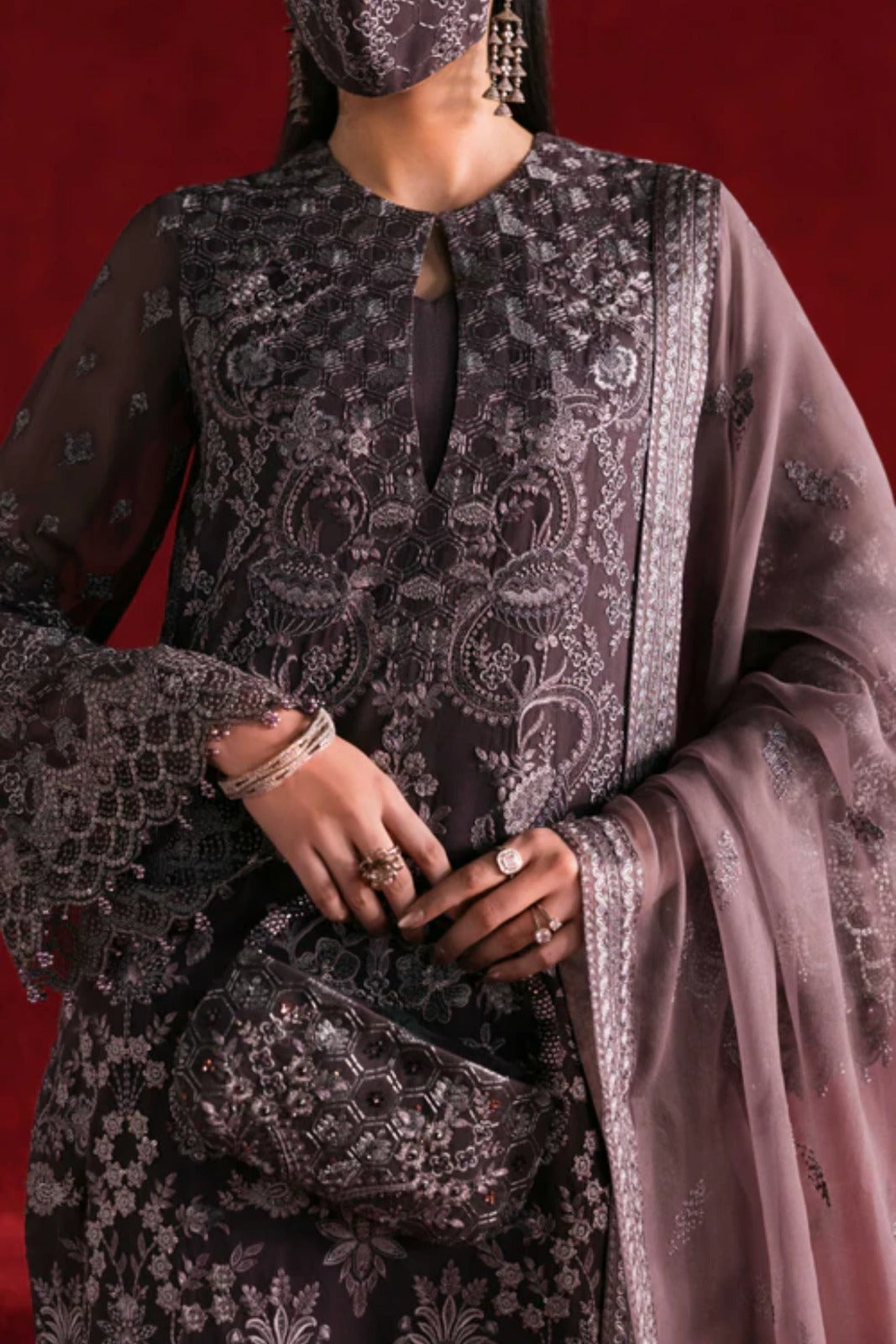 Brown Embroidered Chiffon 3 Piece Suit with Contrast Chiffon Dupatt