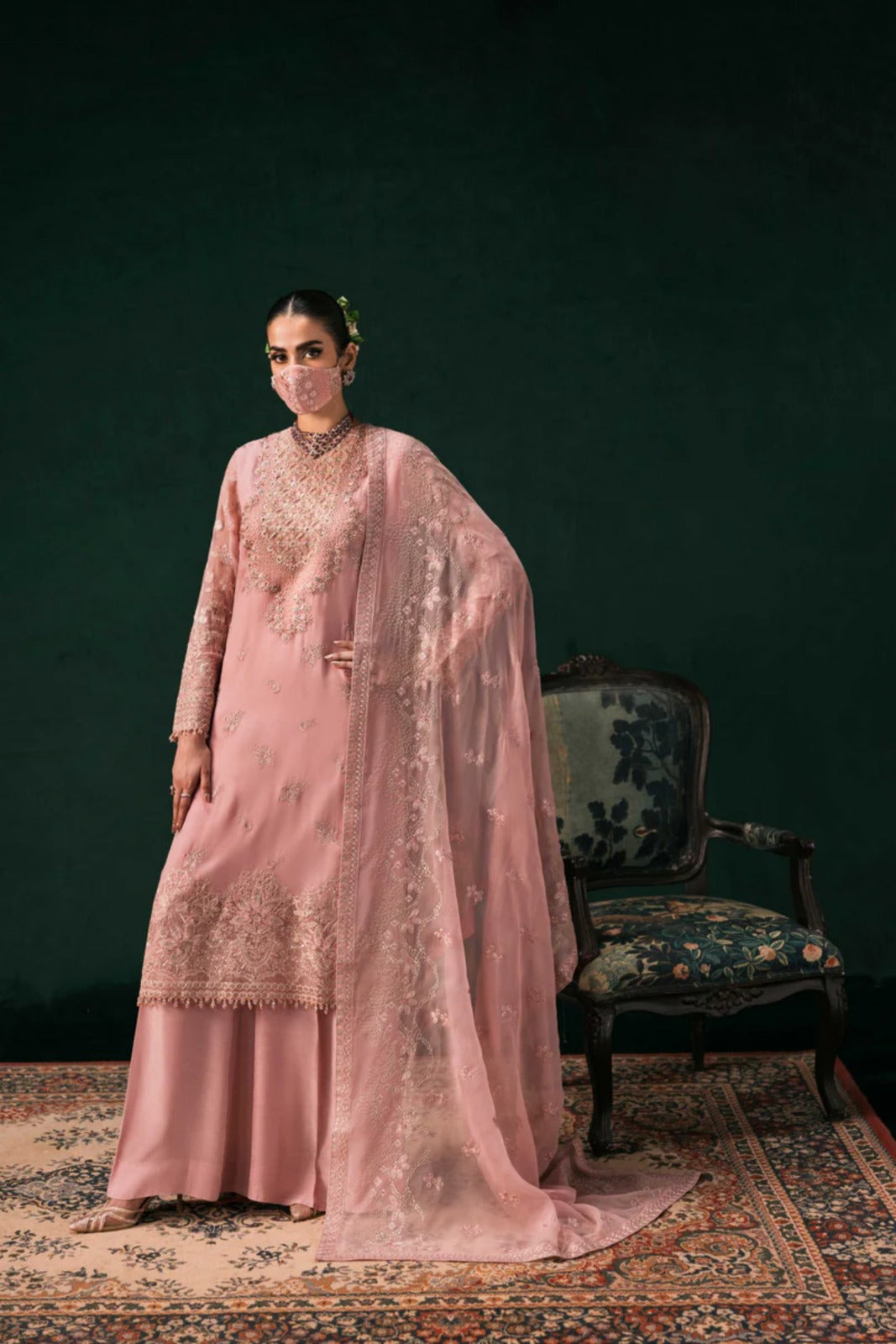 Pink Embroidered Chiffon 3 Piece Suit with Chiffon Dupatta
