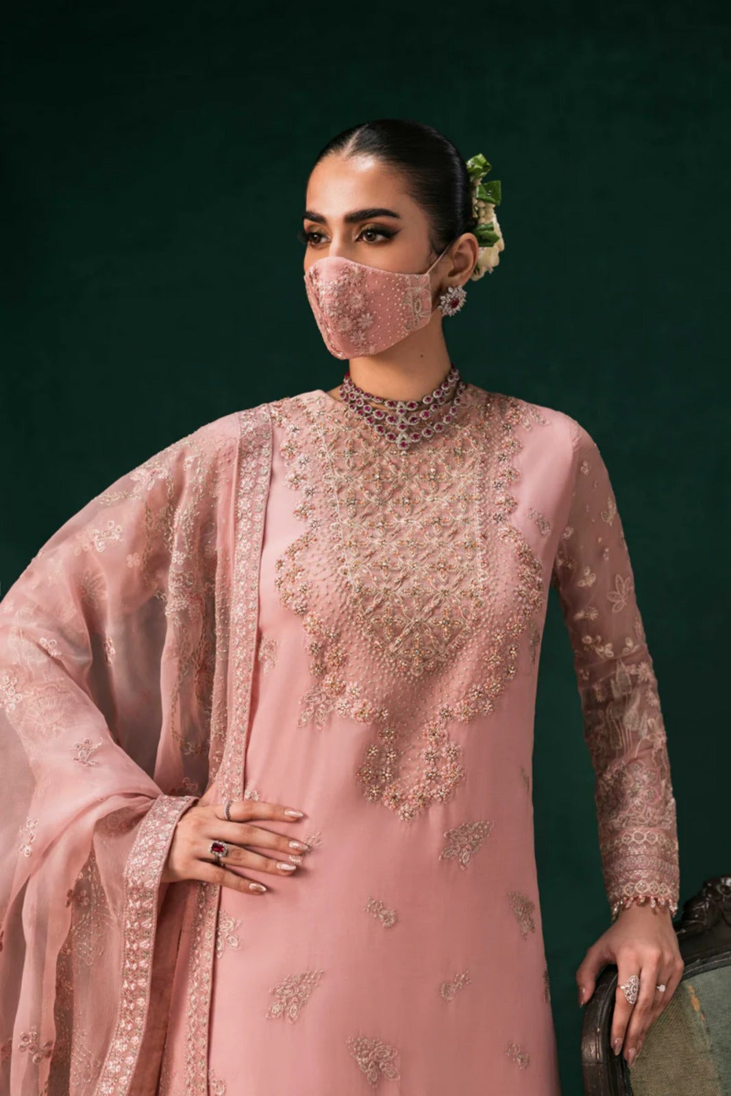 Pink Embroidered Chiffon 3 Piece Suit with Chiffon Dupatta