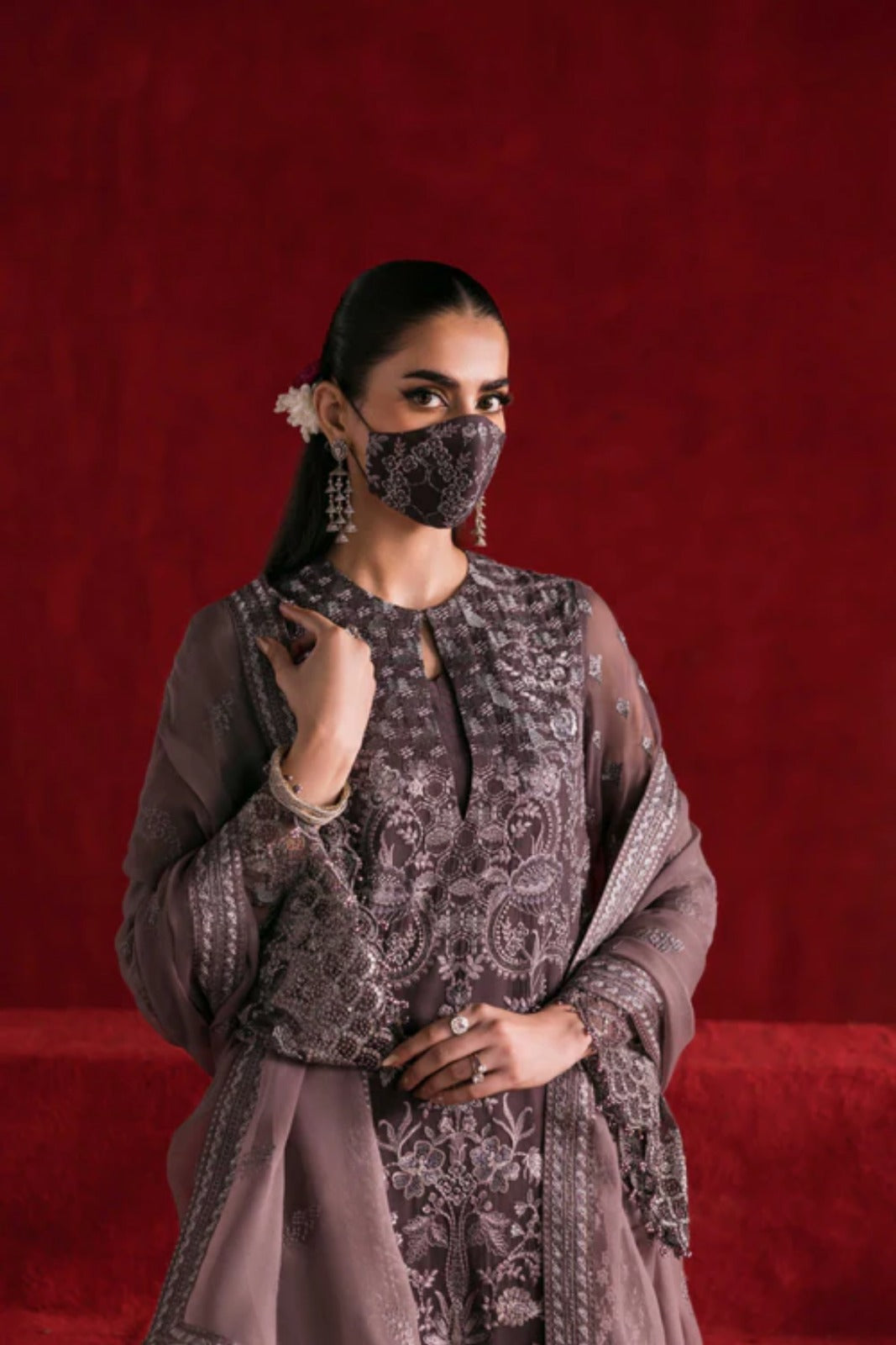 Brown Embroidered Chiffon 3 Piece Suit with Contrast Chiffon Dupatt
