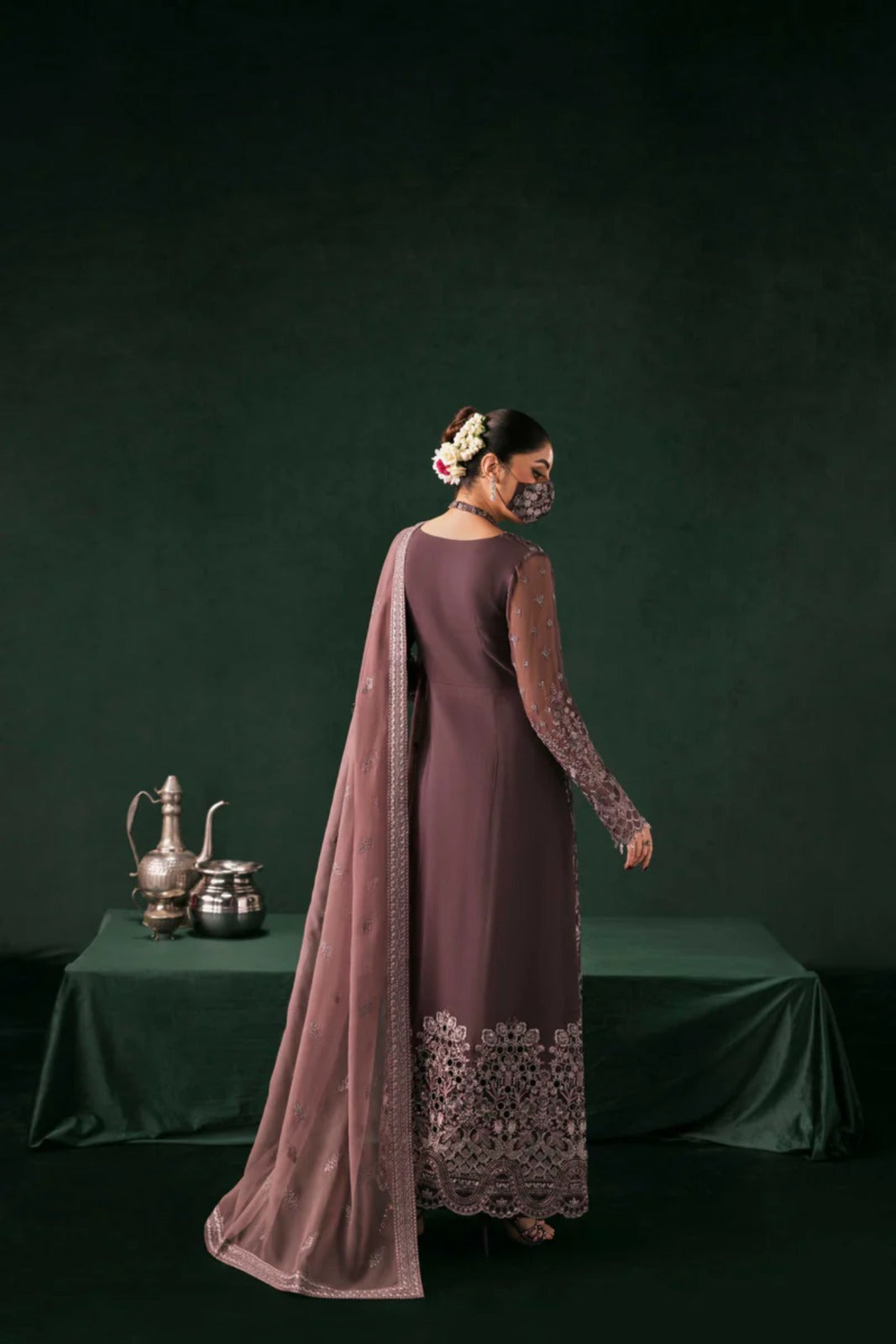 Brown Embroidered Chiffon 3 Piece Suit with Contrast Chiffon Dupatt