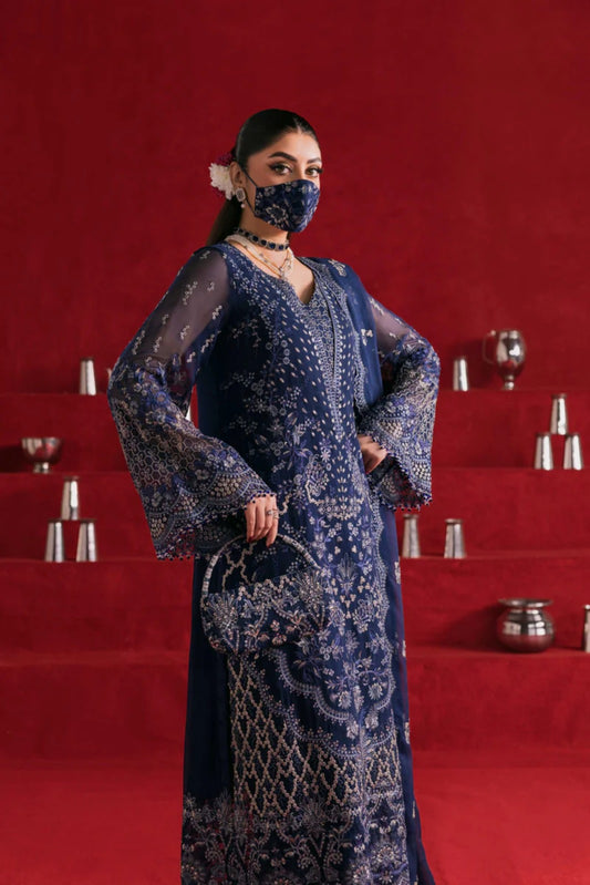 Navy Embroidered Chiffon 3 Piece Suit with Chiffon Dupatta