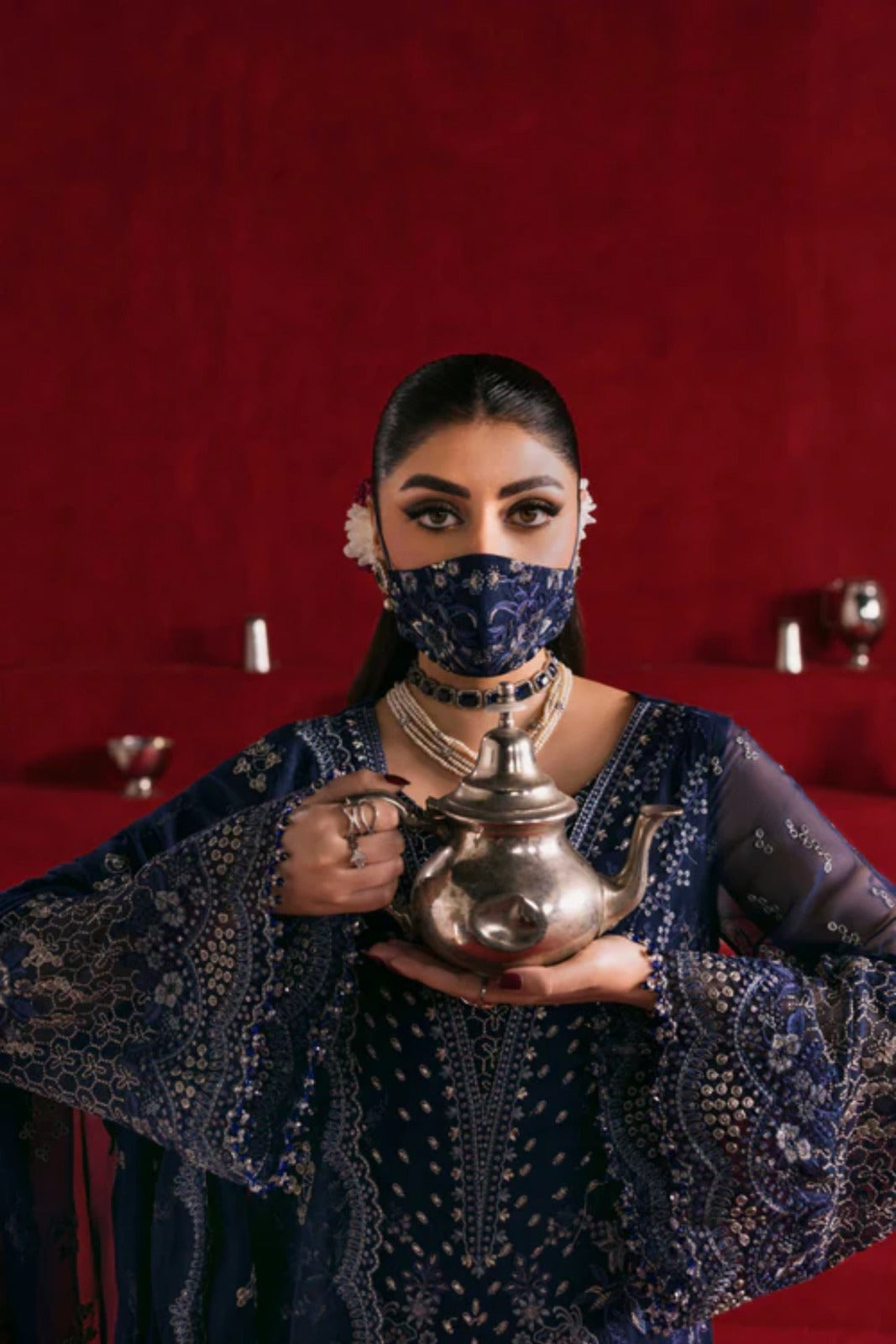 Navy Embroidered Chiffon 3 Piece Suit with Chiffon Dupatta