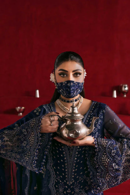 Navy Embroidered Chiffon 3 Piece Suit with Chiffon Dupatta
