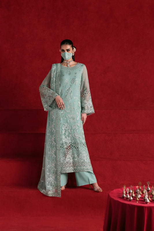 Blue Embroidered Chiffon 3 Piece Suit with Chiffon Dupatta