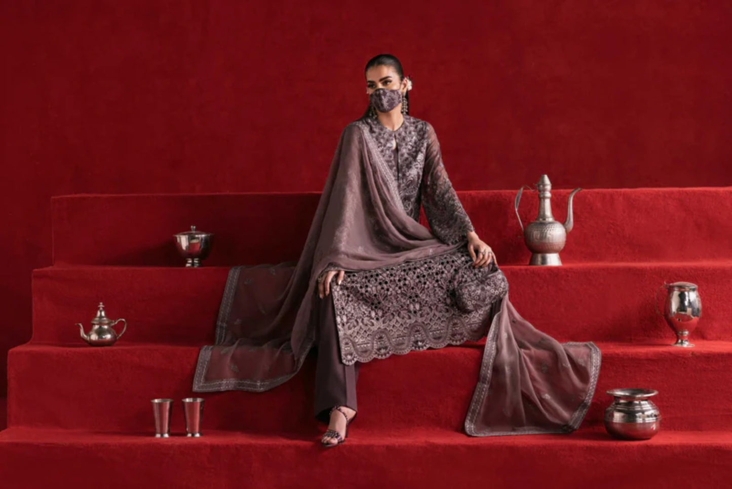 Brown Embroidered Chiffon 3 Piece Suit with Contrast Chiffon Dupatt