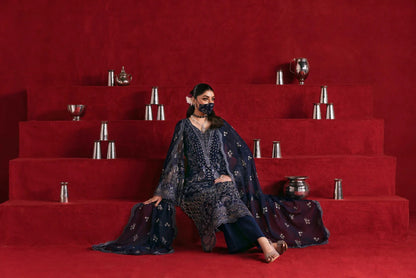 Navy Embroidered Chiffon 3 Piece Suit with Chiffon Dupatta