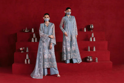 Blue Embroidered Organza 3 Piece Suit with Chiffon Dupatta