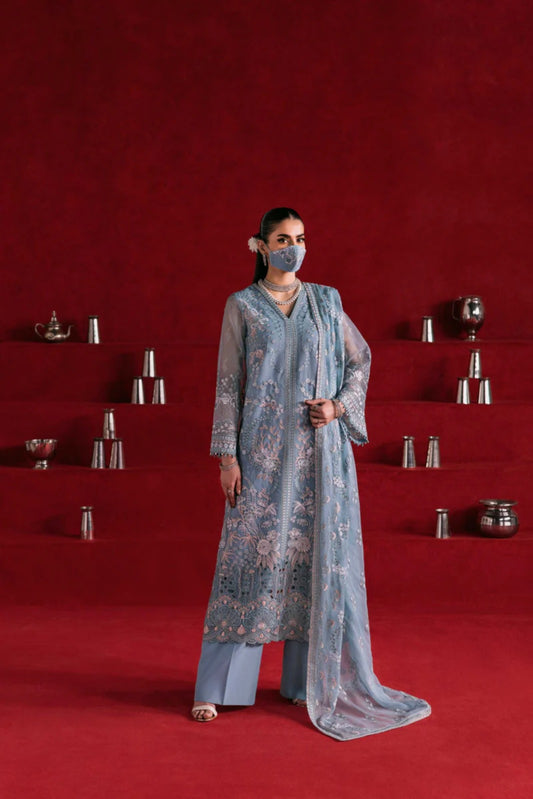 Blue Embroidered Organza 3 Piece Suit with Chiffon Dupatta