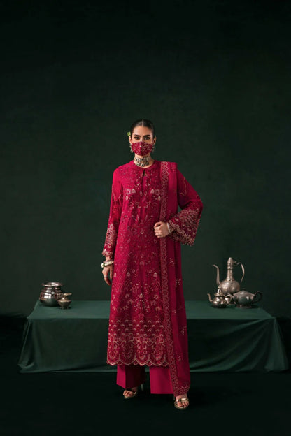 Red Embroidered Chiffon 3 Piece Suit with Chiffon Dupatta