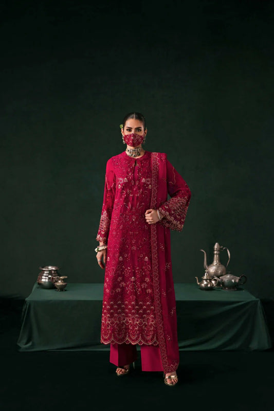 Red Embroidered Chiffon 3 Piece Suit with Chiffon Dupatta