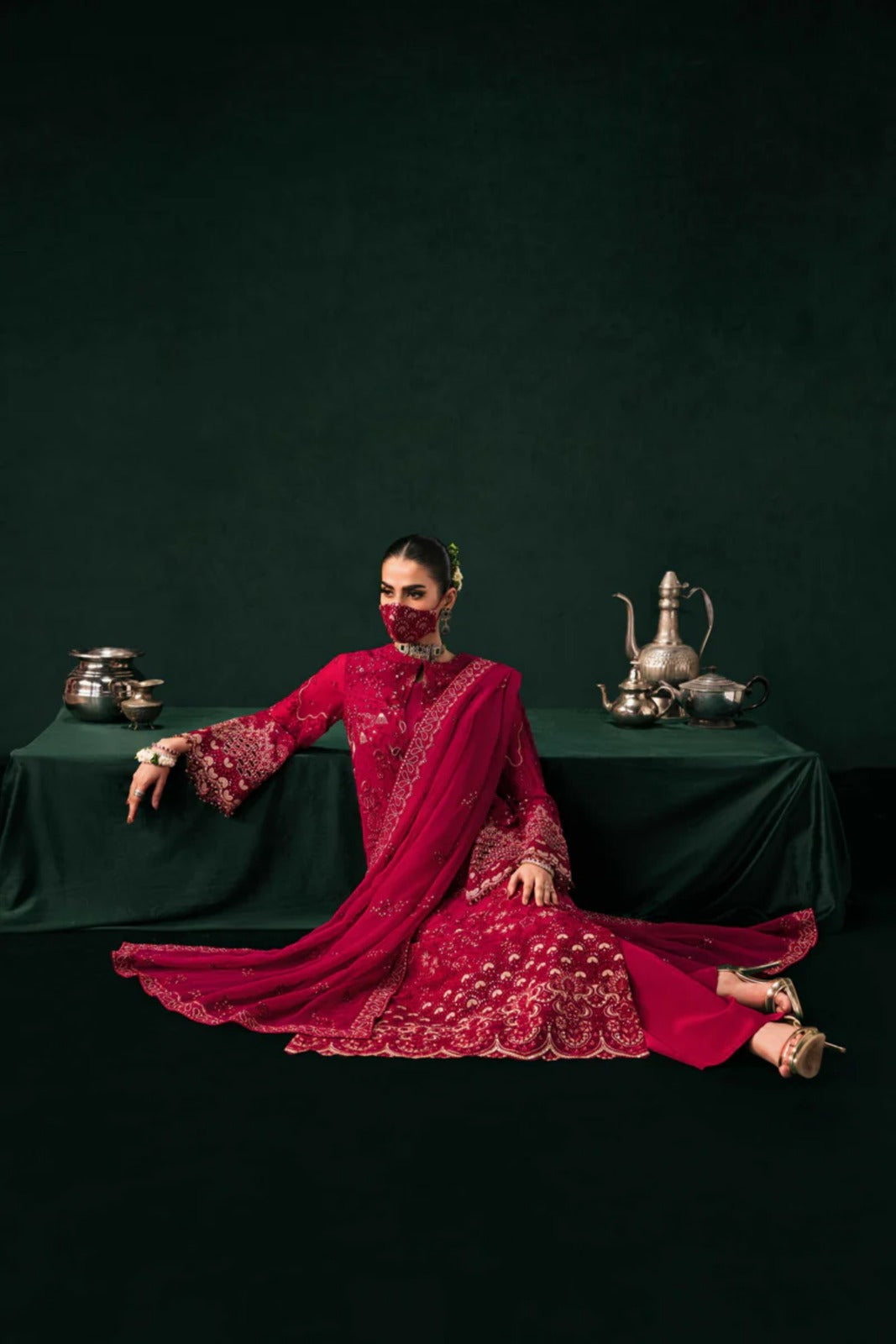 Red Embroidered Chiffon 3 Piece Suit with Chiffon Dupatta