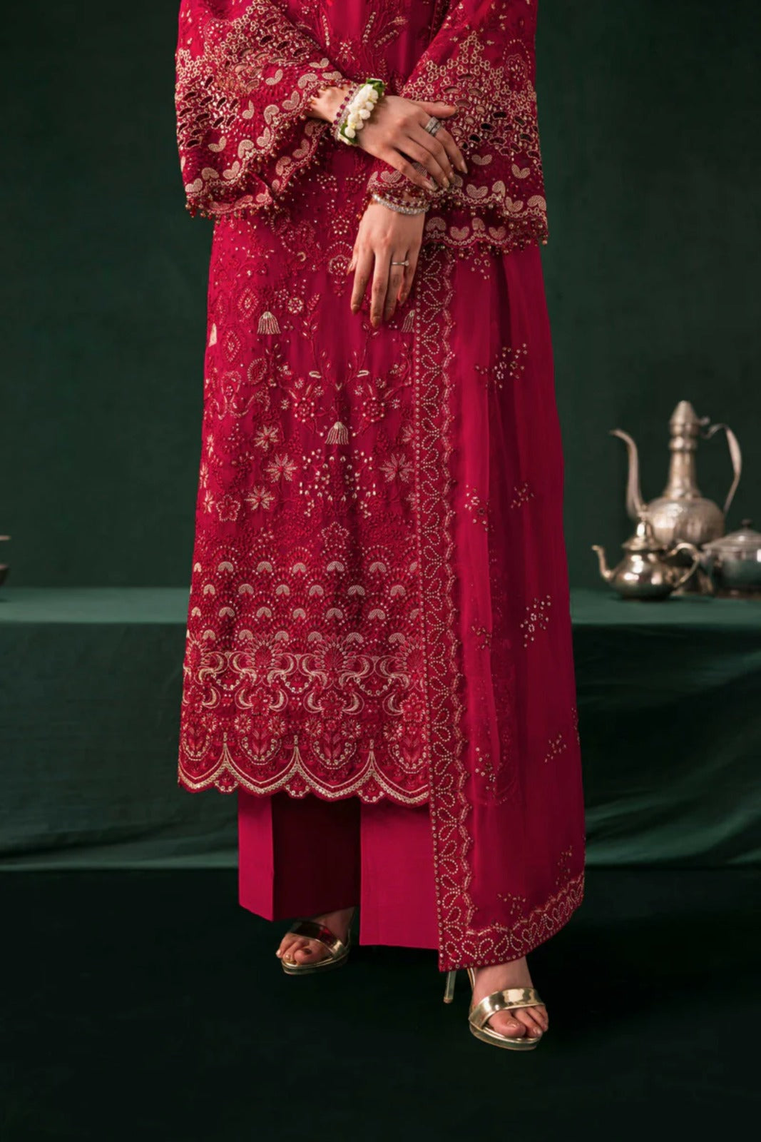 Red Embroidered Chiffon 3 Piece Suit with Chiffon Dupatta