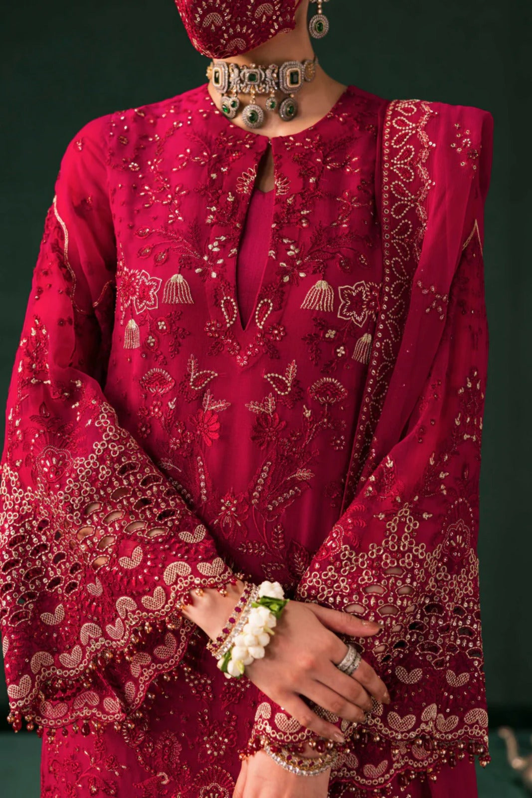 Red Embroidered Chiffon 3 Piece Suit with Chiffon Dupatta