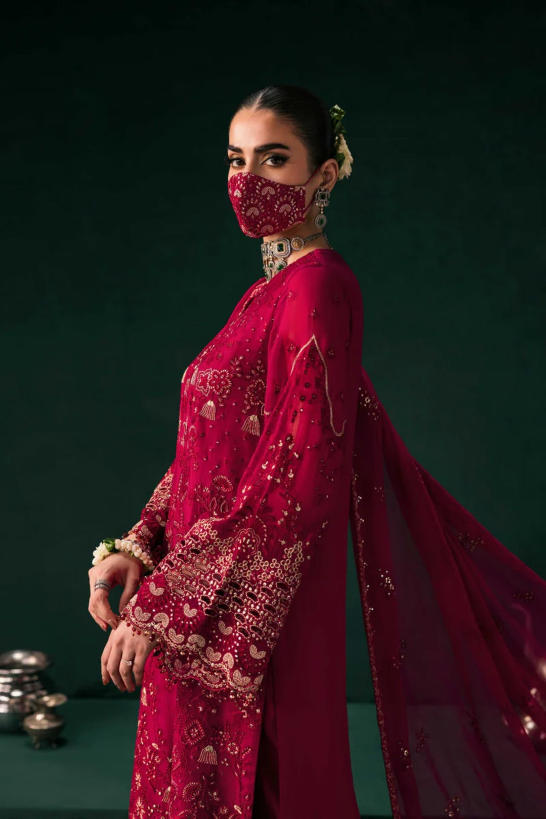 Red Embroidered Chiffon 3 Piece Suit with Chiffon Dupatta