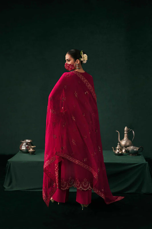 Red Embroidered Chiffon 3 Piece Suit with Chiffon Dupatta