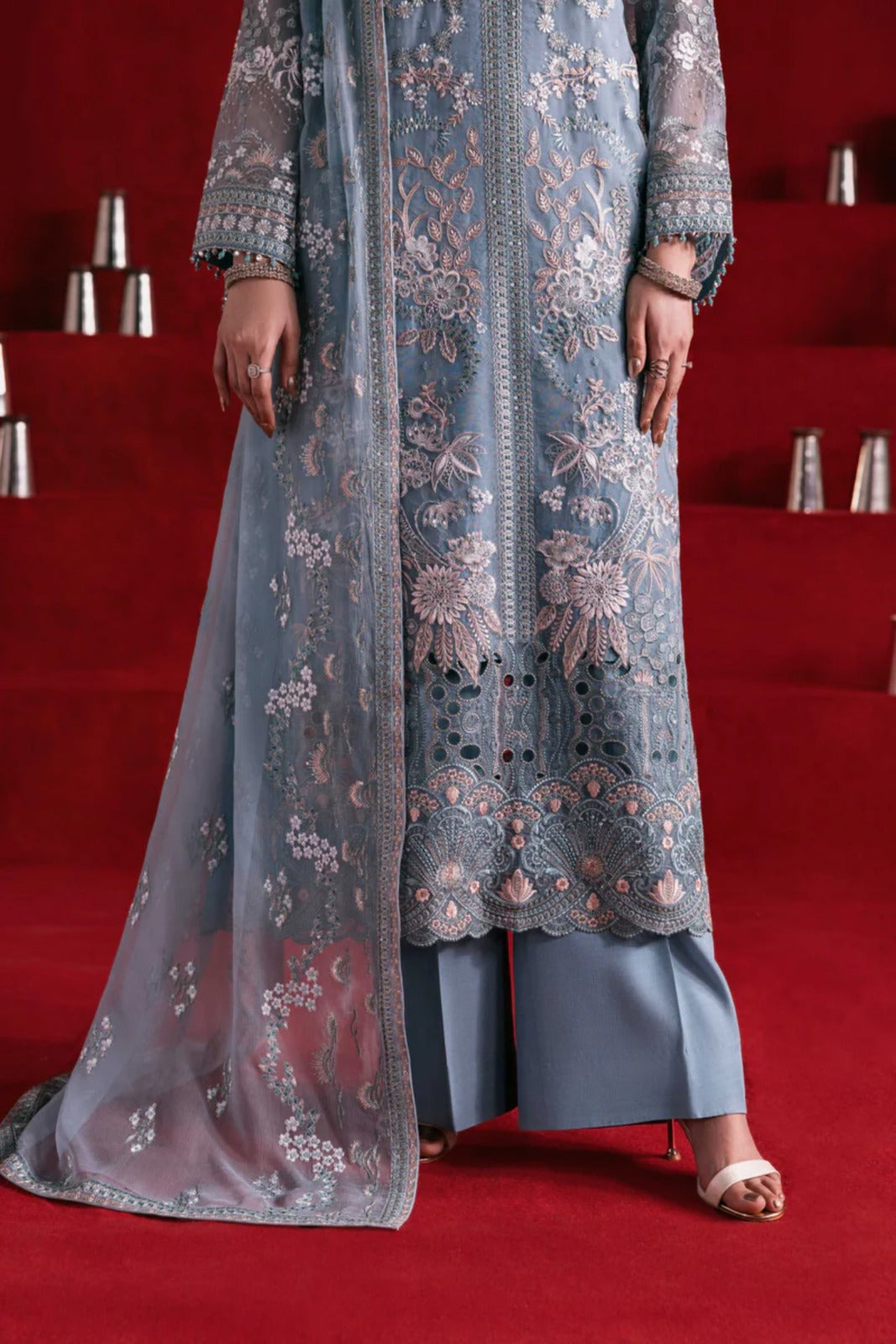 Blue Embroidered Organza 3 Piece Suit with Chiffon Dupatta