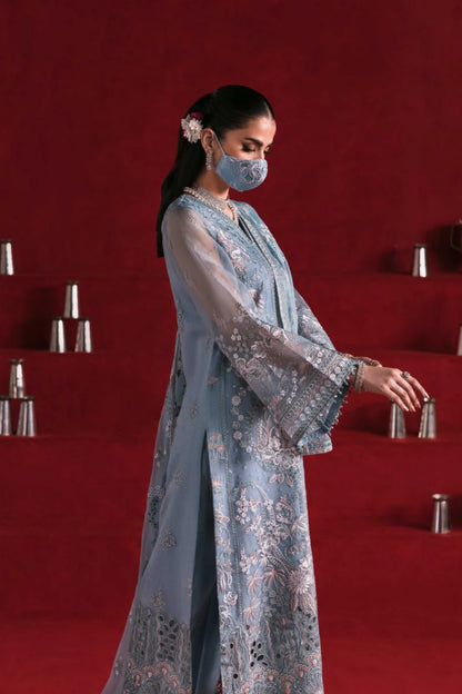 Blue Embroidered Organza 3 Piece Suit with Chiffon Dupatta