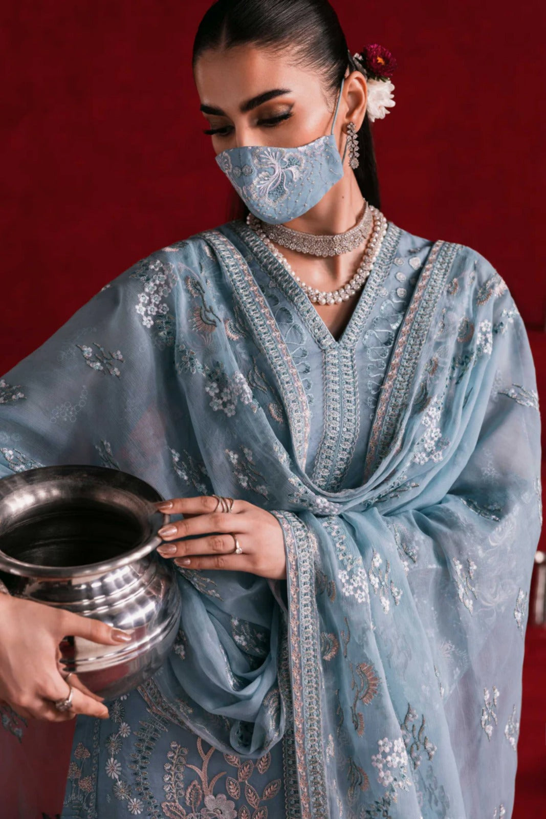 Blue Embroidered Organza 3 Piece Suit with Chiffon Dupatta