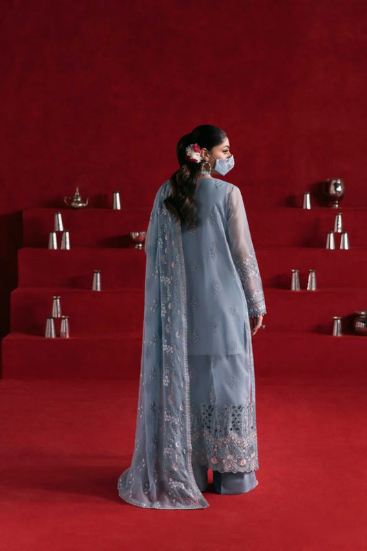 Blue Embroidered Organza 3 Piece Suit with Chiffon Dupatta