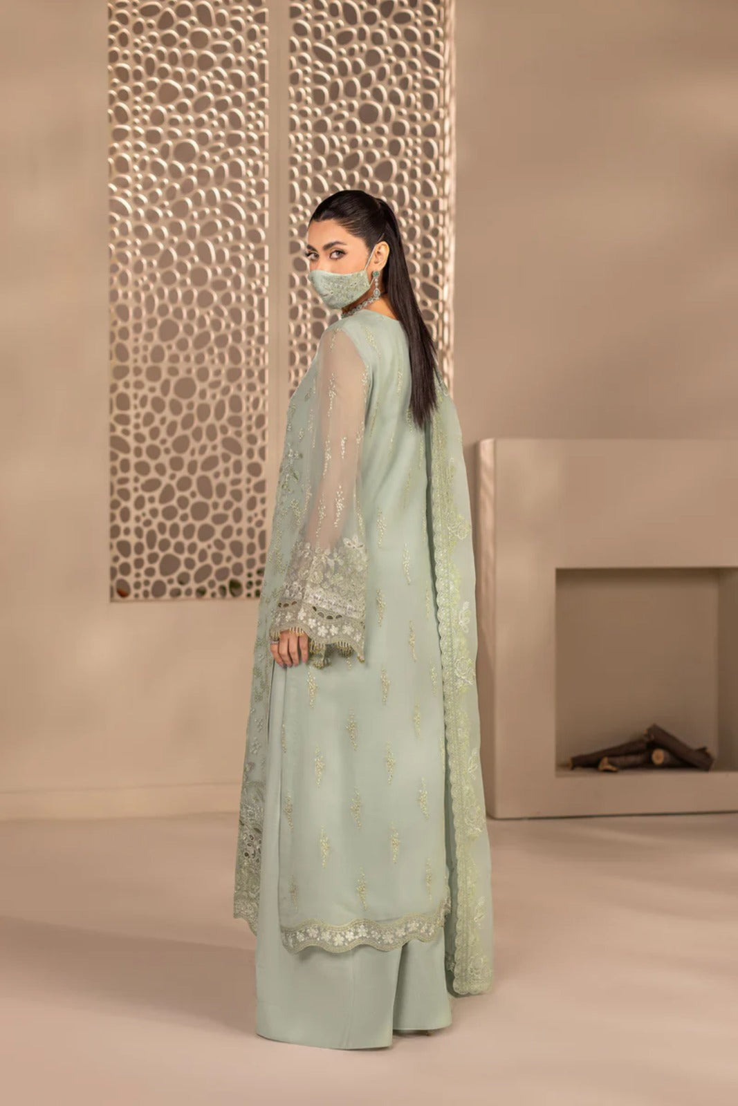 Green Embroidered Chiffon 3 Piece Suit with Chiffon Dupatta