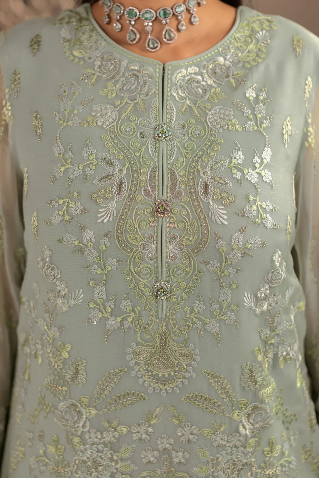 Green Embroidered Chiffon 3 Piece Suit with Chiffon Dupatta