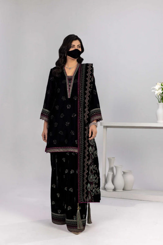 Black Embroidered Velvet 3 Piece Suit with Velvet Shawl