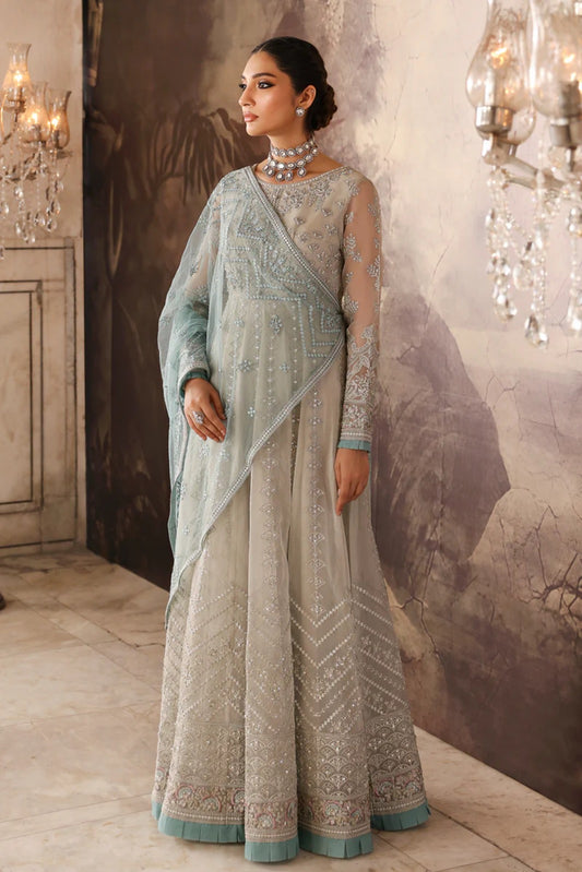 Beige Embroidered Organza 3 Piece Suit with Contrast Net Dupatta