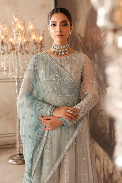 Beige Embroidered Organza 3 Piece Suit with Contrast Net Dupatta