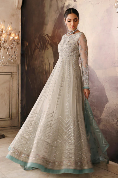 Beige Embroidered Organza 3 Piece Suit with Contrast Net Dupatta