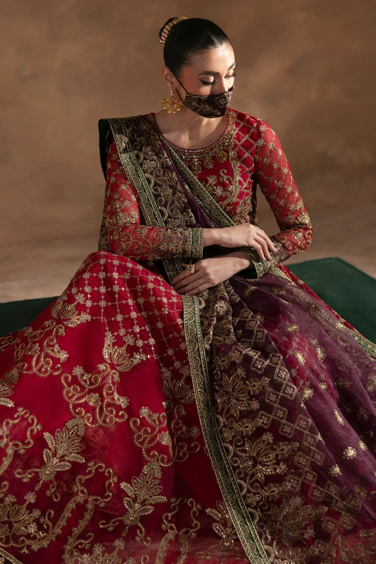 Red Embroidered Organza 3 Piece Suit with Contrast Organza Dupatta
