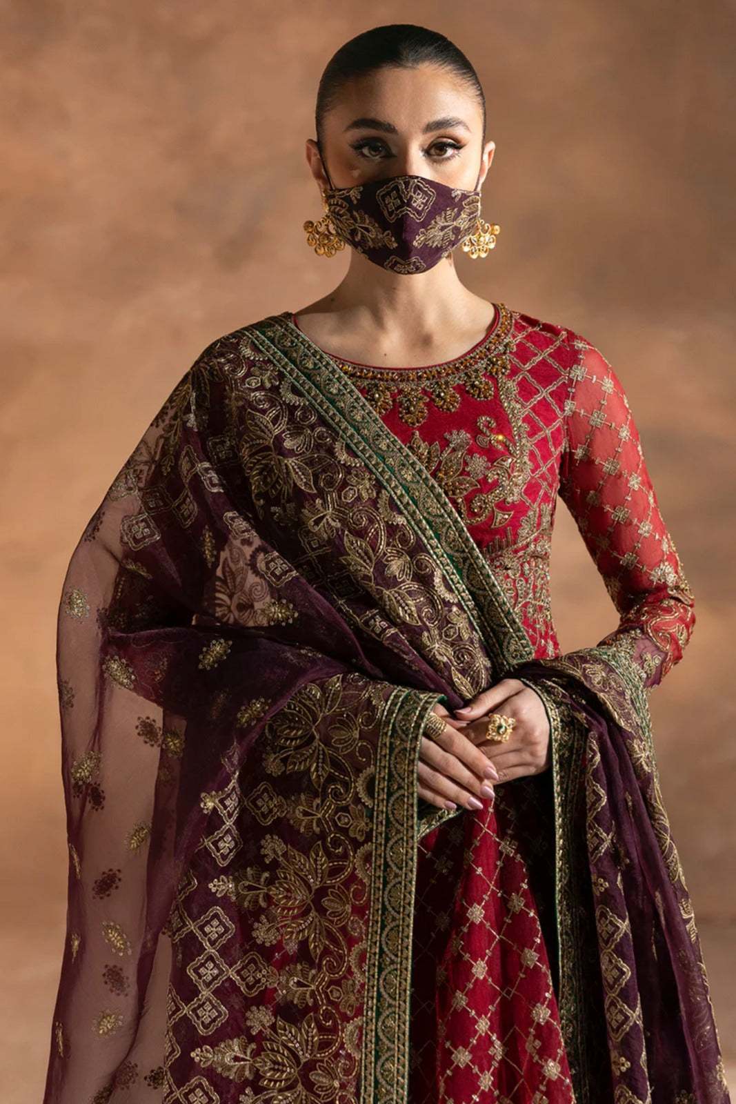 Red Embroidered Organza 3 Piece Suit with Contrast Organza Dupatta