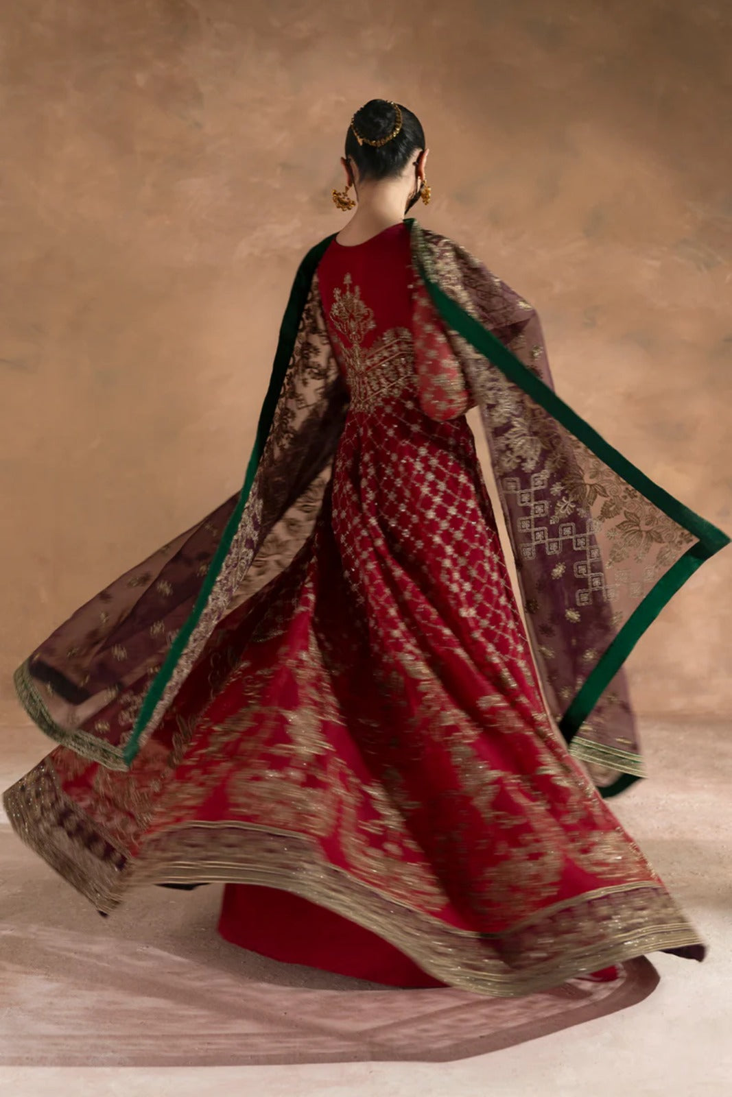 Red Embroidered Organza 3 Piece Suit with Contrast Organza Dupatta